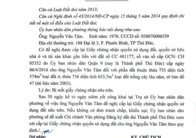 Thông báo niêm yết mất giấy chứng nhận quyền sử dụng đất